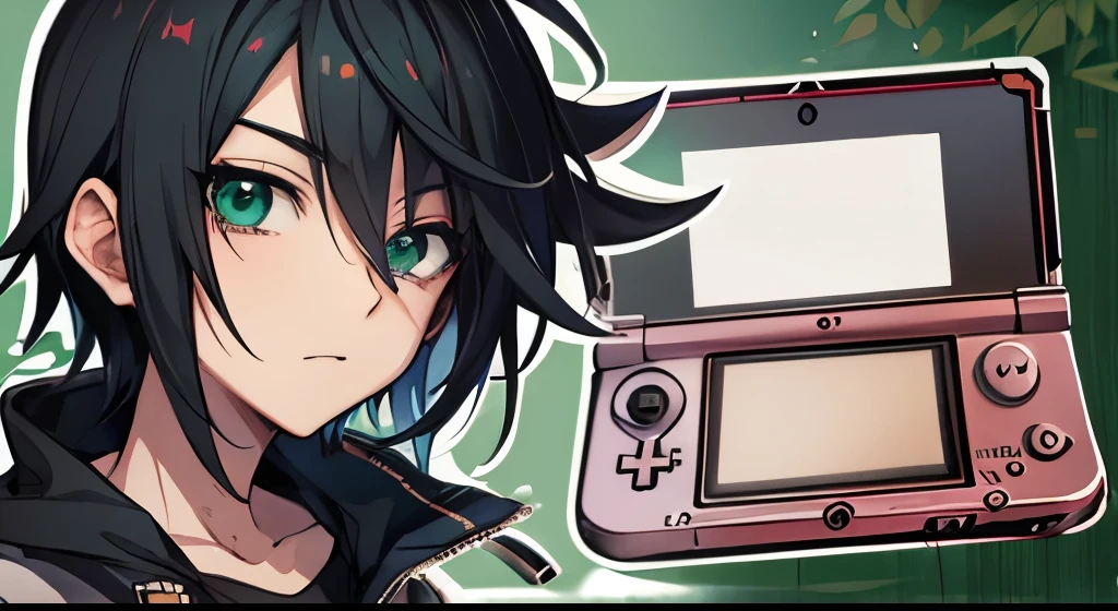 Anime style, Emo boy, nitendo 3ds, emo, green background,