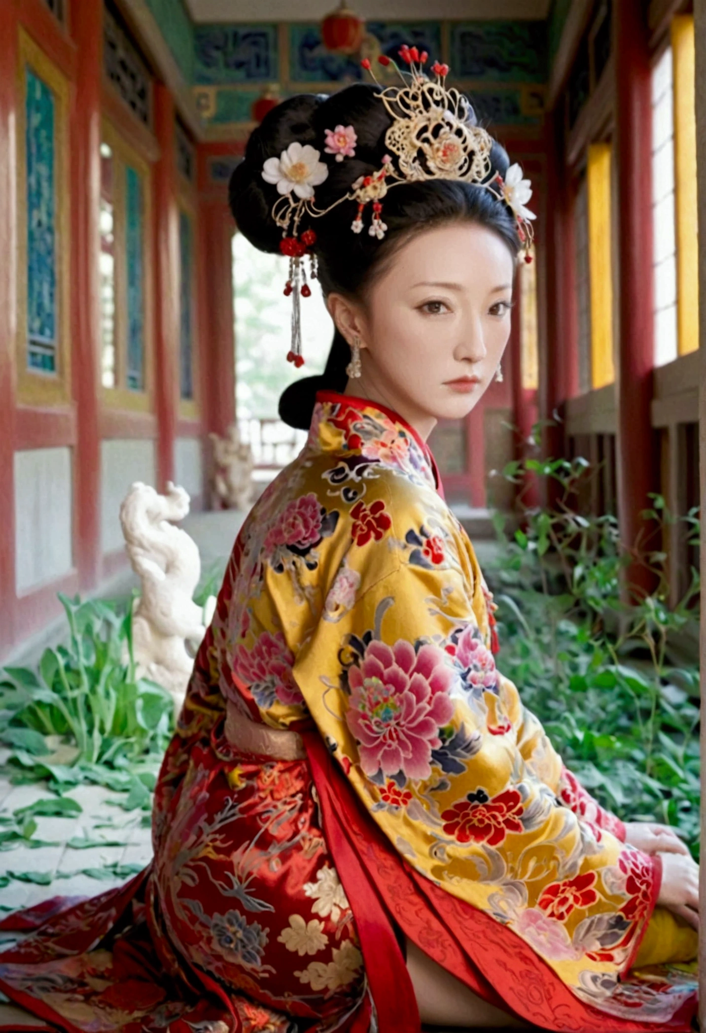 Female emperors of the Qing Dynasty, A naked woman wearing a red floral patterned Hanfu jacket, crouching with her legs open, seen from the front, Inside the Qing Dynasty Palace