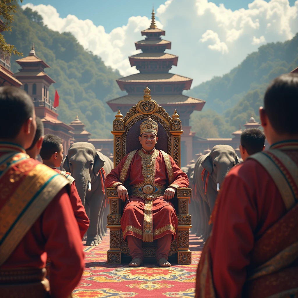 The king of Nepal who sits on the throne among his subjects in Nepal , and Nepal is background , and many elephant and horses her backside