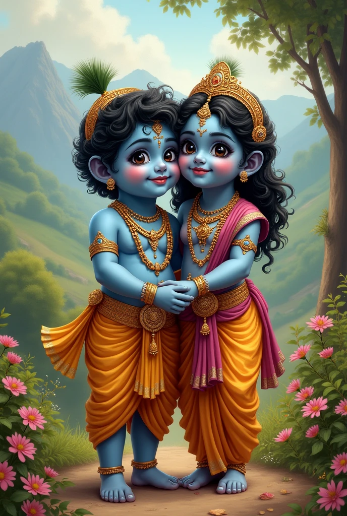 A indian god little Krishna with her mother 