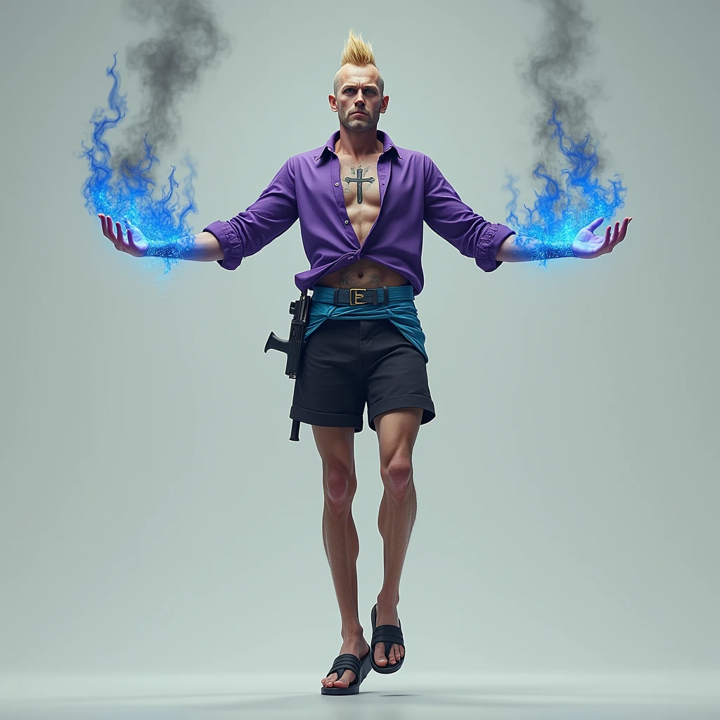 Real、Realistic、Realistic、White male、Skinny、tall、Long legs、middle aged、Blonde、Both sides are peeling、Spiky Hair、open brests、((A tattoo of a cross and a U in the center of his chest))、Purple Shirt、Light blue waistband、Black trousers、Sandals、Both hands are wings of blue flame、Floating in the sky、((Square Glasses))、Stubble