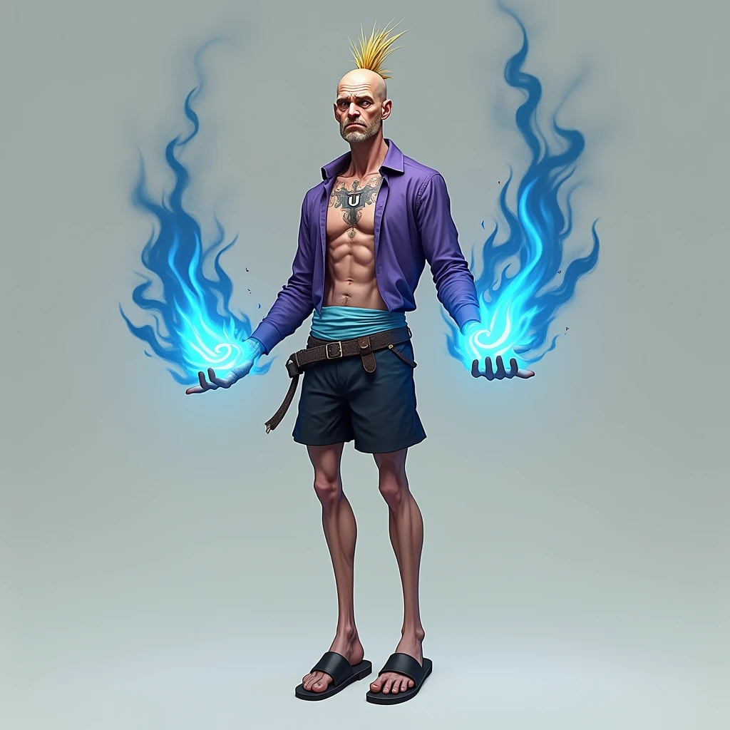 White male、Skinny、middle aged、Blonde、Both sides are peeling、Spiky Hair、open brests、A tattoo of a bow and arrow pointing down in the center of the chest、Purple Shirt、Light blue waistband、Black trousers、Sandals、Both hands are wings of blue flame、Square Glasses、Stubble
