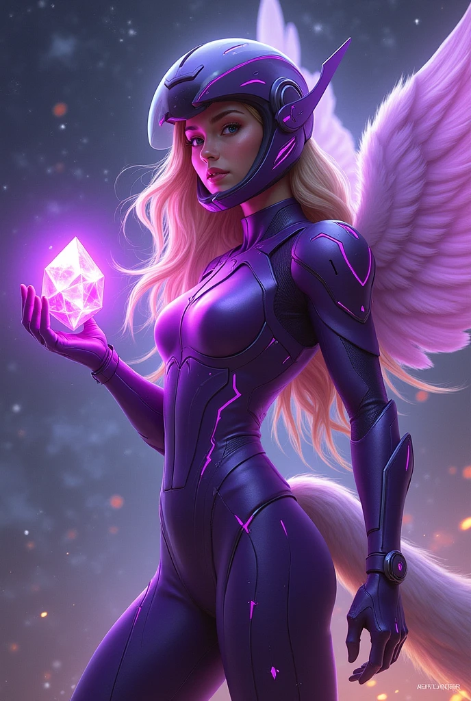 Amethyst, also known as Amy Winston, appears as a young woman with long, flowing blonde hair. She wears a futuristic, purple metallic spacesuit with glowing accents that highlight her sleek and agile figure. The suit features sharp shoulder pads, gloves, high boots, and a sleek helmet, all in shades of purple. She wears high-tech glasses under her helmet, which give her a determined and focused look. She holds a glowing gem that seems to pulse with magical energy, and beside her hovers her winged unicorn, also styled for space, with wings made of light. The background is a starry, nebula-filled scene, suggesting she is in the depths of outer space.