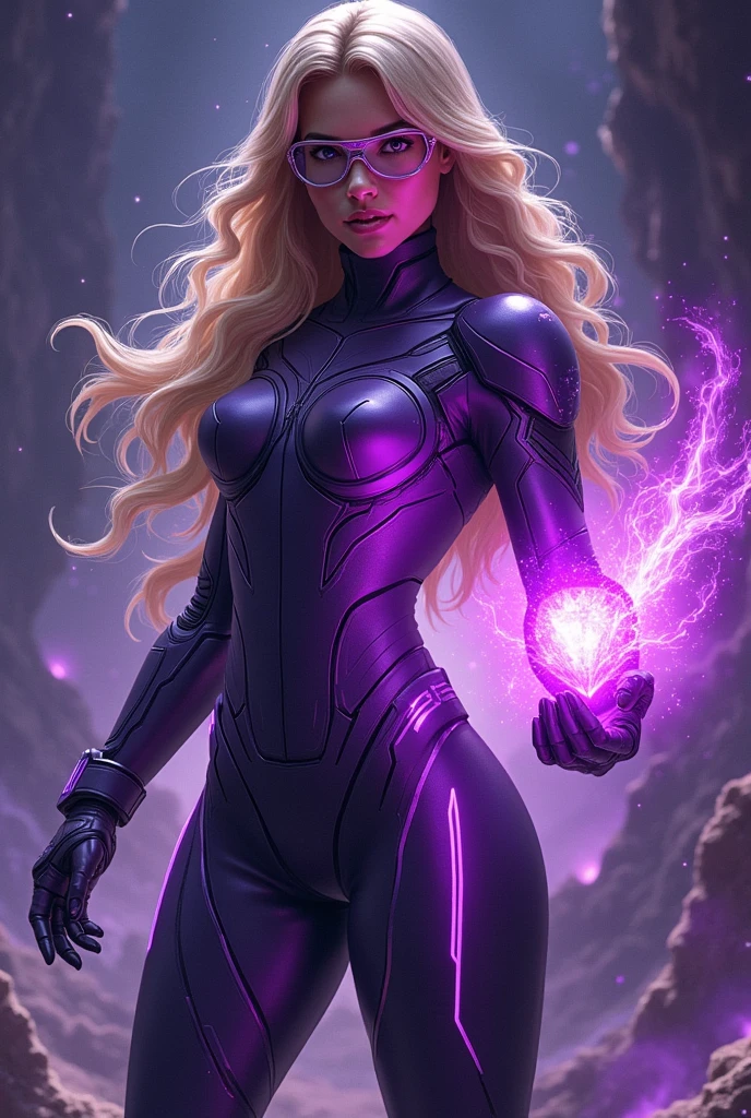 Amethyst, also known as Amy Winston, appears as a young woman with long, flowing blonde hair. She wears a futuristic, purple metallic spacesuit with glowing accents that highlight her sleek and agile figure. The suit features sharp shoulder pads, gloves, high boots, and a sleek helmet, all in shades of purple. She wears high-tech glasses under her helmet, which give her a determined and focused look. She holds a glowing gem that seems to pulse with magical energy, and beside her hovers her winged unicorn, also styled for space, with wings made of light. The background is a starry, nebula-filled scene, suggesting she is in the depths of outer space.