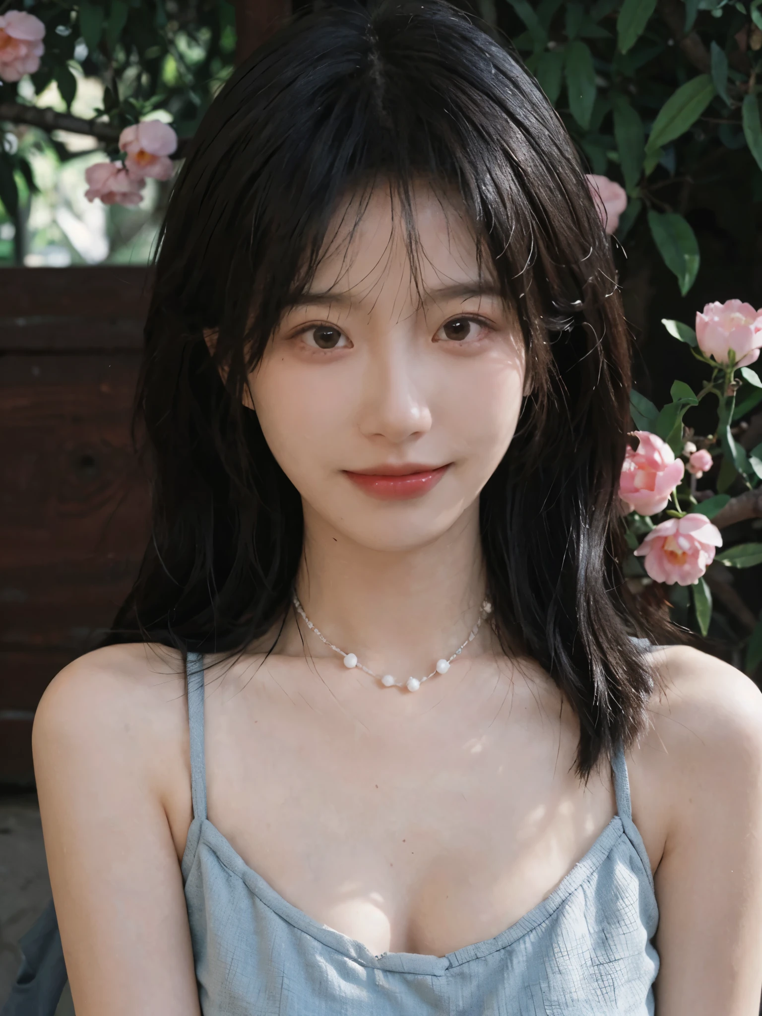 best qualtiy, 超高分辨率, (realisticlying:1.4), Baoyu Girl, A pair of clear and moving peach blossom eyes,Royal Sister,sunshine on face,with long coiled hair,(lawns:1.4),(choker necklace:1.2),(Fair skin:1.9),(full bodyesbian:1.2)a sense of atmosphere,a beauty girl, ssmile,head straight-looking at viewer, closeup cleavage ,(Photorealistic:1.4),1girll,Sexy,(Yellow lace BRA:1.2),(Big breasts:1.9),(Upper body:1.4),(Wet body),(:1.2)