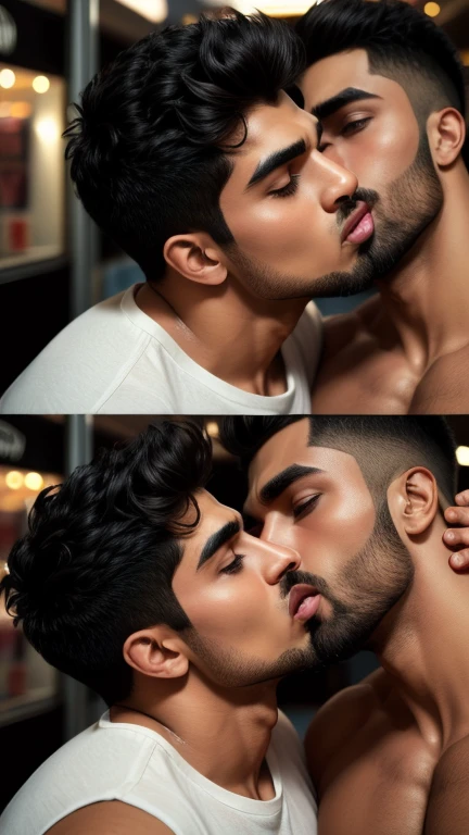 Gay couple film scenes collage, Pehlwan man Indian Gurjar gay couple wetty tounge to tounge kissing and sucking lower lip, bitting lower lip during kissing saliva dripping from mouth with big shinning eyes big lips wide jawline beautiful hunk face spiky black hairstyle, seductive kissing in shopping mall oiled body, hot kissing, hd, hdr, D750F nikon, Cinematic 