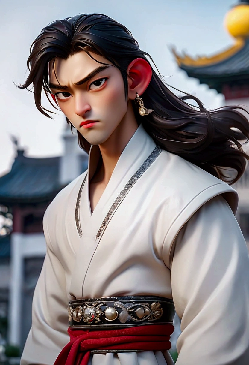 （male character design），，（Close-up of front view of melancholy handsome Chinese man Pan An），（Pan An wears modern and fashionable men&#39;s suits:1.3），Pan An’s skin is fair and flawless,，The bridge of his nose is high and straight，(long, Messy shawl hair：1.1），double eyelids, Bright Eyes, Big clear and bright eyes，sad prince，Food with red lips and white teeth，gentle melancholy，Pan An is tall and tall.，He has a strong physique，Toned muscles，Fresh and toned abs, His exquisite facial features，Kingly style，Noble temperament wearing a white robe with silver ornaments, messy black hair, Wind magic, background:modern urban