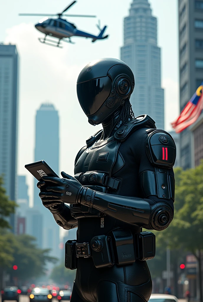 A photography of malaysia police cyborg was performing his duty on Kuala Lumpur city centre. A background is Malaysia flag and He stand beside police helicopter with holding mini board say "AI ART HAZRIN"