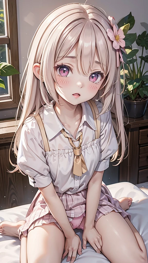 Anime style young female character、Full body portrait。A small fairy 15cm tall、It has delicate, transparent wings on its back.。Long pink hair、Big pink eyes。I wear round glasses。White flower hair ornament。Wearing a pale pink dress、Puff sleeve design and above knee length。Slim figure。The background is lush nature.、wood々is surrounded by leaves。The character is leaning forward a little shyly.。A fantastic atmosphere with dancing light particles。High quality digital art。Photorealism、Highest quality、Ultra-high resolution、Woman in uniform sitting on bed、Low angle shot:1.5、(M-shaped foot:1.4)、((Showing panties:1.5))、A sexy look for the camera、((pink silk panties))、((Panties close up:1.4))、Tartan Check Pleated Skirt、Over the knee socks、Cute and beautiful face down to the smallest detail、(PurerosFace_v1:0.008)、eyeliner、cheek、Embarrassing、Glare、Glossy Lips:1.4、impatience、scared、Glare、Panty Appeal、Panty close-up:1.3、blush、Are crying、cry、Open your knees、Spread your legs、Disheveled clothes、Change of clothes、Medium Long Hair、Bedroom、解剖学的にAccurate human body、Perfect Arms、Perfect hands、Perfect Fingers、Perfect Legs、Accurate human body