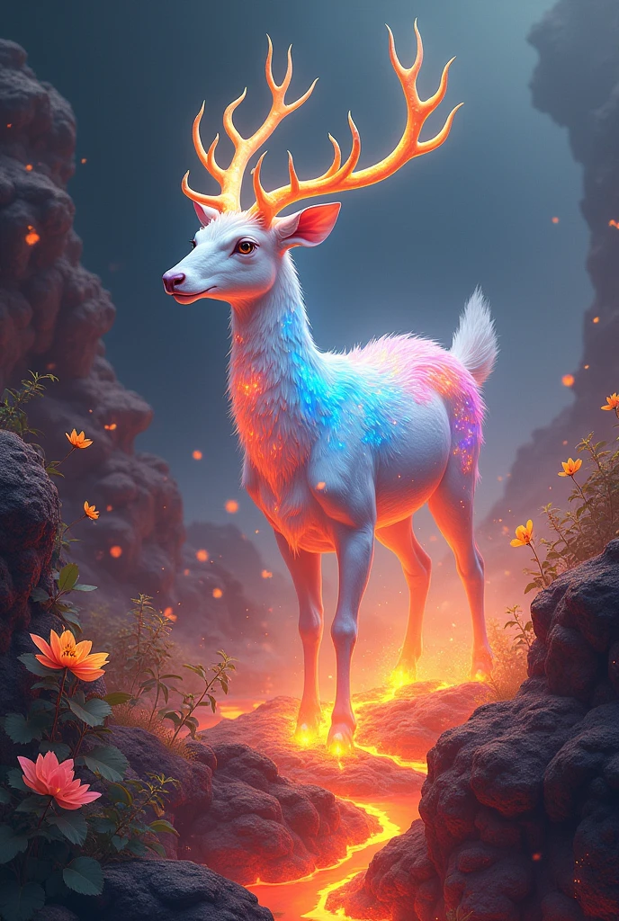 Wonderful idea, Chinese painting ((ink wash style)), a sacred seven color fairy deer ((emitting aurora colored light all over its body)),walking on the magma of volcanic eruptions, with flowers and plants growing inside the magma