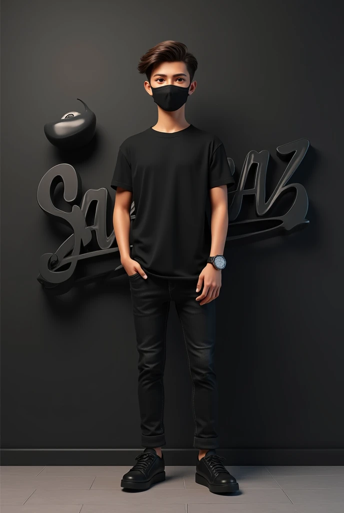 realistic 18year old cute stylish attitude boy standing with big real 3D “SARFARAZ” protait name letter side and face down. boy wearing black full t-shirt and black jeans, black shoes, watch stylish hair, The background black wall should ensure that the name is not misspelled. With face waer mask