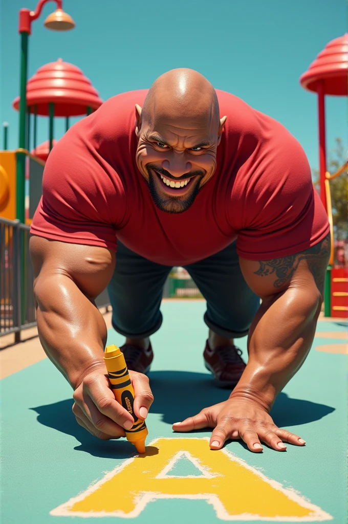 Create an AI-generated scene featuring a highly exaggerated, muscular Dwayne Johnson with an oversized smile, wearing a red shirt and holding a large crayon. The character should be bending down on a playground, drawing a large red letter 'A' on the ground. The background should include playground equipment and a fence, with a bright, clear sky. The style should be hyper-realistic but exaggerated, capturing a sense of surreal humor and energy. The overall mood should be playful and intense, with vivid colors and dramatic expressions