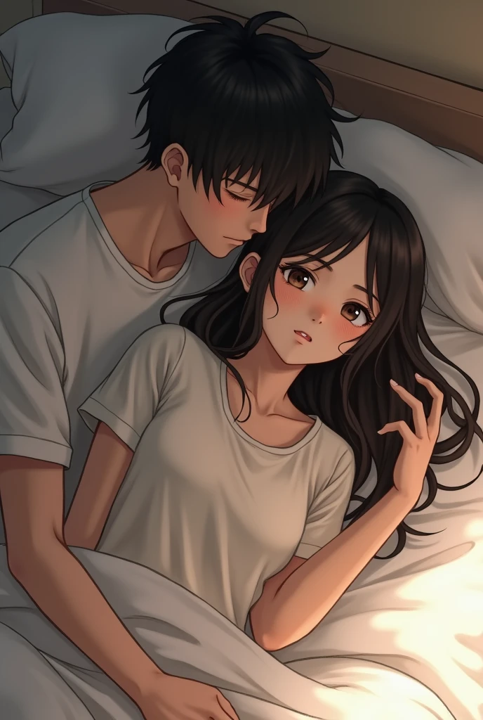 The woman turns to the side、A man is hugging from behind,In bed,The woman has long hair,The woman is wearing a T-shirt,men are２０Old Japanese,men areTシャツを着ている,２人ともIn bedで横になっている,Beautiful eyes,Fine skin