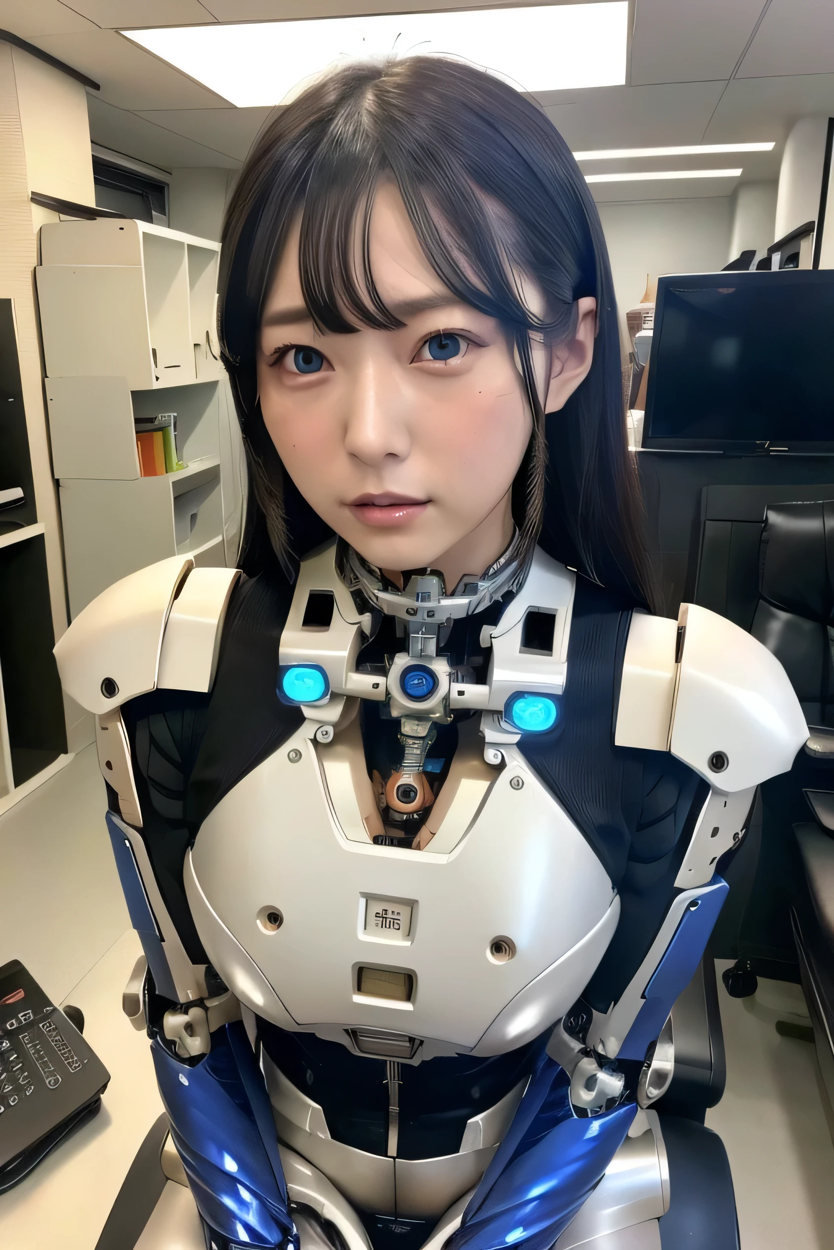 masterpiece, best quality, extremely detailed, Japaese Cyborg girl,Plump , control panels,android,Droid,Mechanical Hand, Robot arms and legs, Black Robot Parts,Black hair,Mechanical body,Blunt bangs,White robotics parts,perfect robot girl,future information counter,reception,long tube,thick cable connected her neck,ceramic body ,mechanical body, ear antenna,mechanical ear cover, loose boots,mechanical costume,android,robot,humanoid,cyborg,information office,japanese android receptionist ,mechanical chest,blue eyes,office-lady
