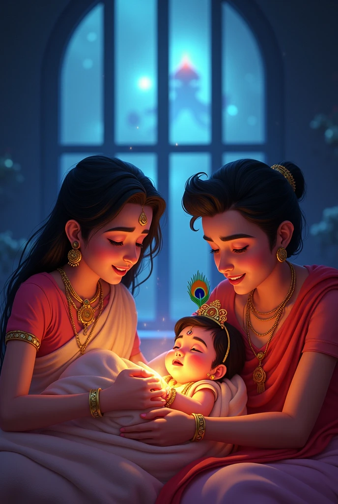 In a serene, softly lit chamber, baby Krishna lies peacefully in a crib adorned with a cascade of colorful flowers. His dark blue complexion contrasts beautifully with the vibrant floral arrangement. A delicate peacock feather adorns his head, adding a touch of divine elegance. Surrounding him are a group of radiant, beautiful women, their eyes full of adoration and vigilance as they stand guard, ensuring the baby’s safety. The scene is imbued with an atmosphere of sacred reverence and tranquil beauty, highlighting Krishna's divine presence.