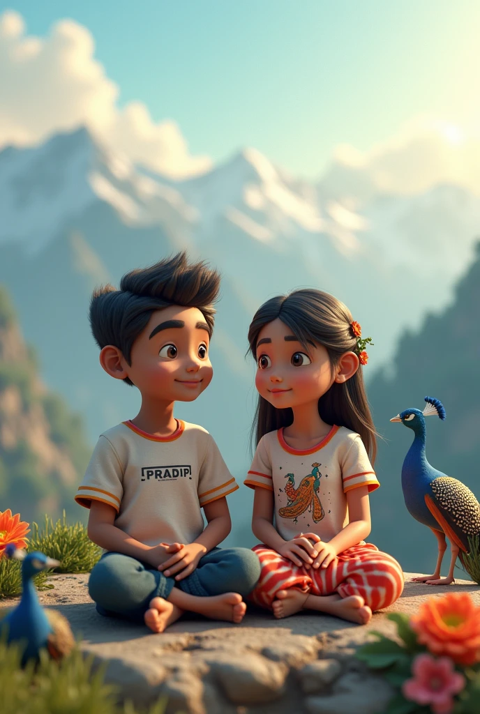 Create a 3D image of 2 nepali Beard boy and 20 years old nepali devotional girl , Who is sitting next to Krishna ji and Kristen ji playing the flute, they both sit together on the mountain boy wearing T-shirt name Pradip written on it and girl wearing T-shirt name Tunisha written on it, haven like beautiful view background, 4 peacock dancing, realistic image and boy and girl is in barefoot