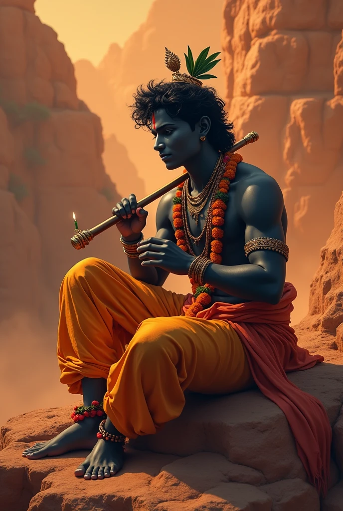Lord krishna with full Black tone sitting on rock casually
in a dusky red hot climate with a smile with a flute in his one hand with an amazing aura without any makeup with his friends around him