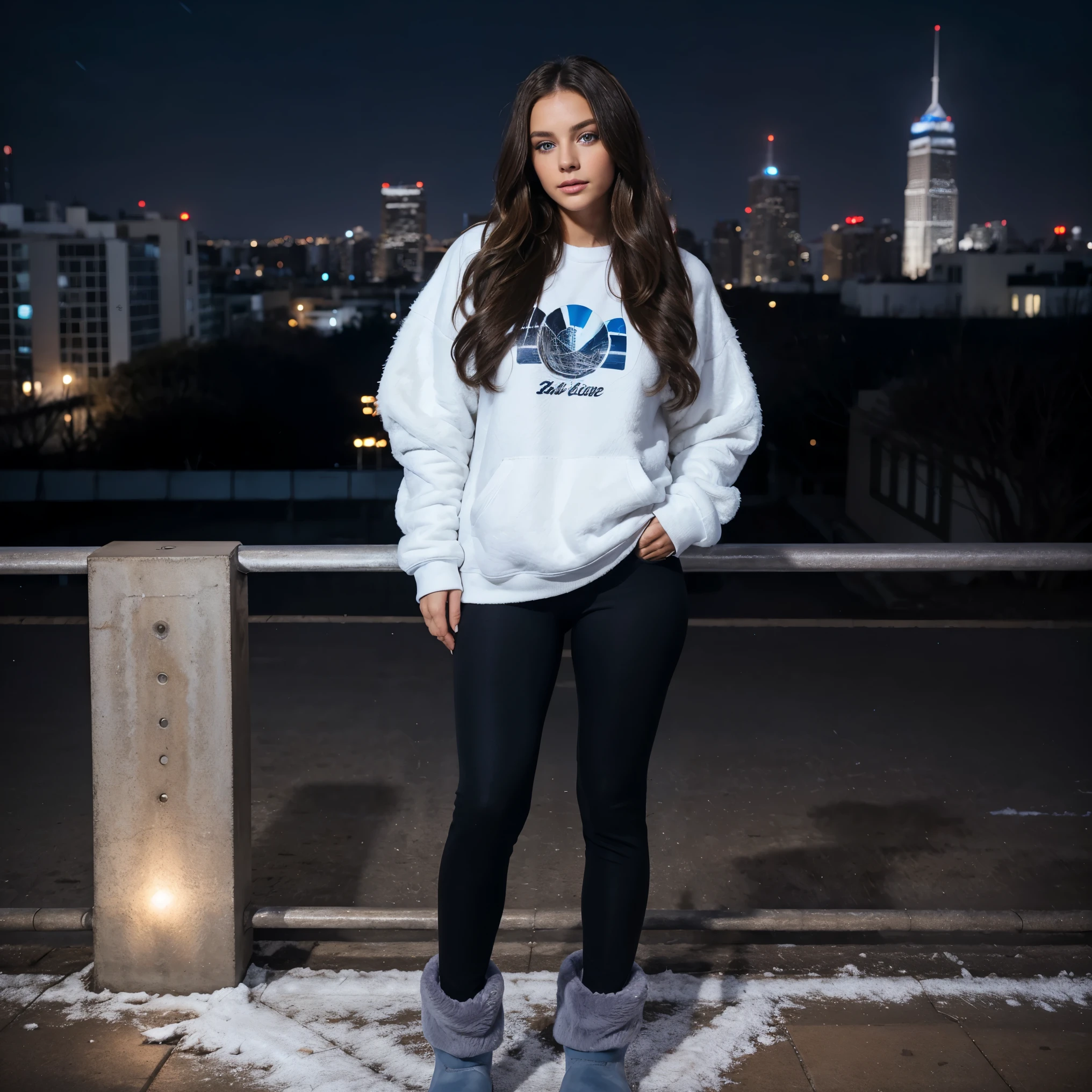 1woman, ombré brunette balayage hair, beautiful blue eyes, off-white sweatshirt, seamless black leggings, black leggings, fuzzy faux fur boots, ugg style boots, night city background, full body portrait, raw photo.