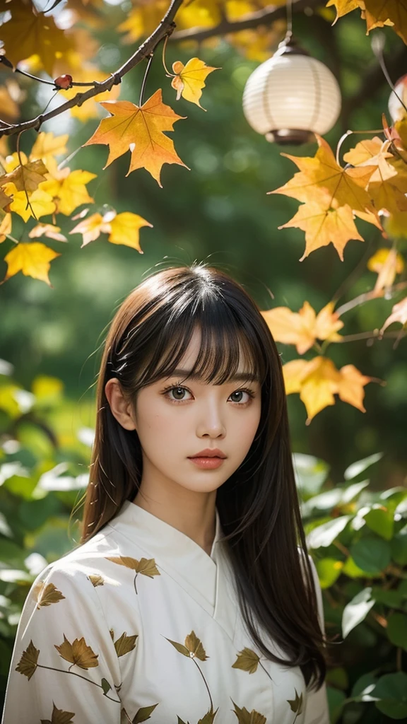 1girl, against_tree, aki_shizuha, anger_vein, autumn, autumn_leaves, bangs, bare_tree, blue_eyes, blunt_bangs, branch, night, dress, falling_leaves, forest, ginkgo_leaf, holding_leaf, lake, leaf, leaf_background, leaf_hair_ornament, leaf_on_head, leaf_print, lips, long_hair, looking_at_viewer, maple_leaf, nature, outdoors, solo, standing, stone_lantern, tree, under_tree, black hair, sensei