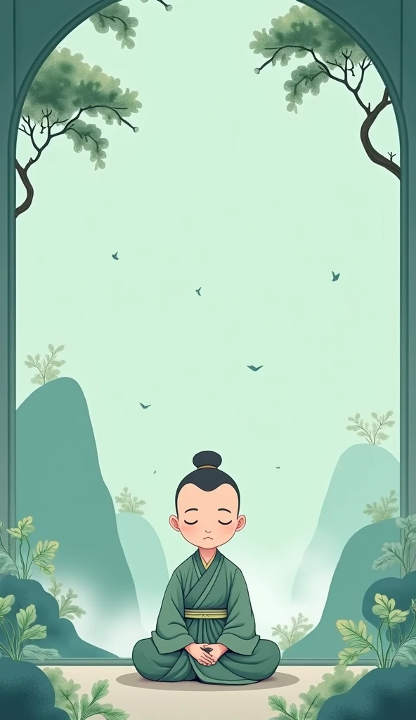 light blue-green，Chinese artistic conception style mural，A young monk is meditating，The lens is shot from the front，The expression is calm。Simple and elegant style，clear wallpaper，Exquisite details，Surrounded by light-colored landscape paintings，light mist，Green leaves，cartoon style，Jade carving technology，Ultra-high resolution。 