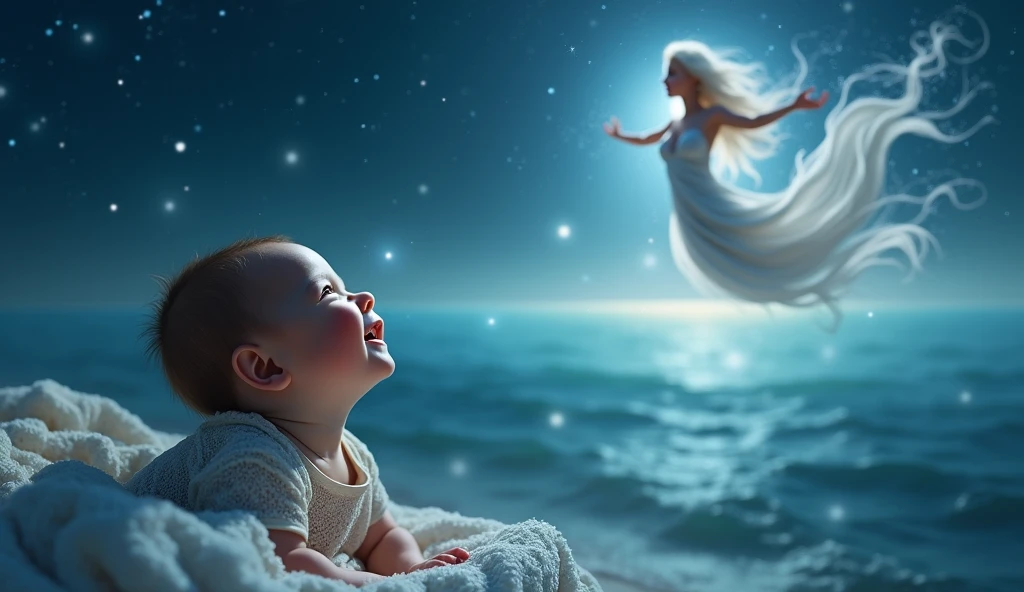 is smiling to sea woman angle in the sky at night