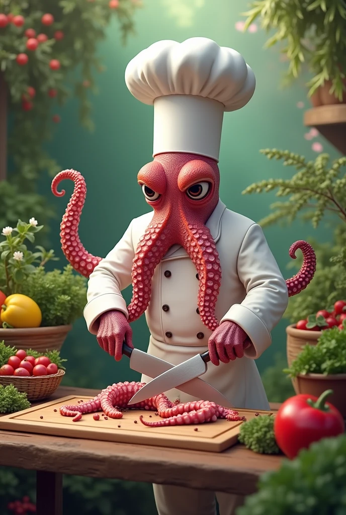 A octopus wearing a chief uniform and hanging knife and cutting octopus in the garden