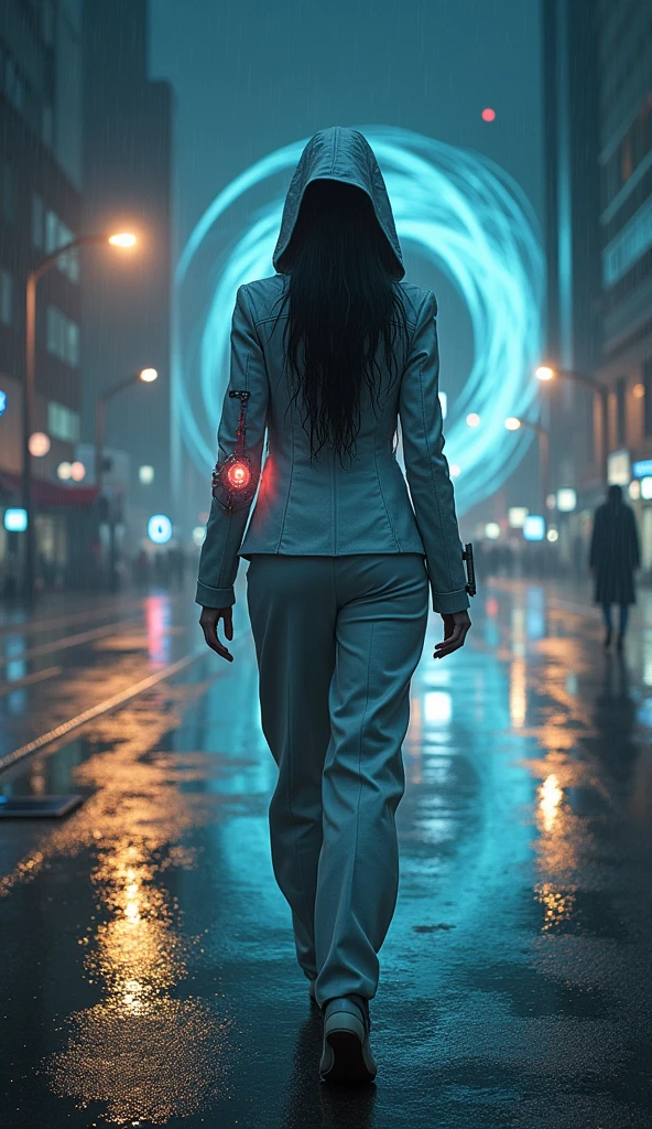 "A dramatic scene featuring Eclipse, the time-traveling phantom, as she emerges from a swirling black hole in the fabric of time, stepping into a rain-soaked, modern urban street. Eclipse, with her jet-black hair hidden beneath a dripping hood, stands in the middle of the empty street, her light gray leather suit glistening with raindrops. The bright lights of the city reflect off the wet pavement, creating a dazzling contrast with the dark sky. Her deep blue eyes are focused on a figure in the distance, who stands motionless, drenched in the rain. The futuristic device on her arm pulses with a soft, ethereal light, casting a faint glow through the rain. Behind her, the swirling black hole gradually closes, leaving only the sound of raindrops and the distant hum of the city. The atmosphere is heavy with tension and anticipation, as if time itself has paused to witness this encounter."