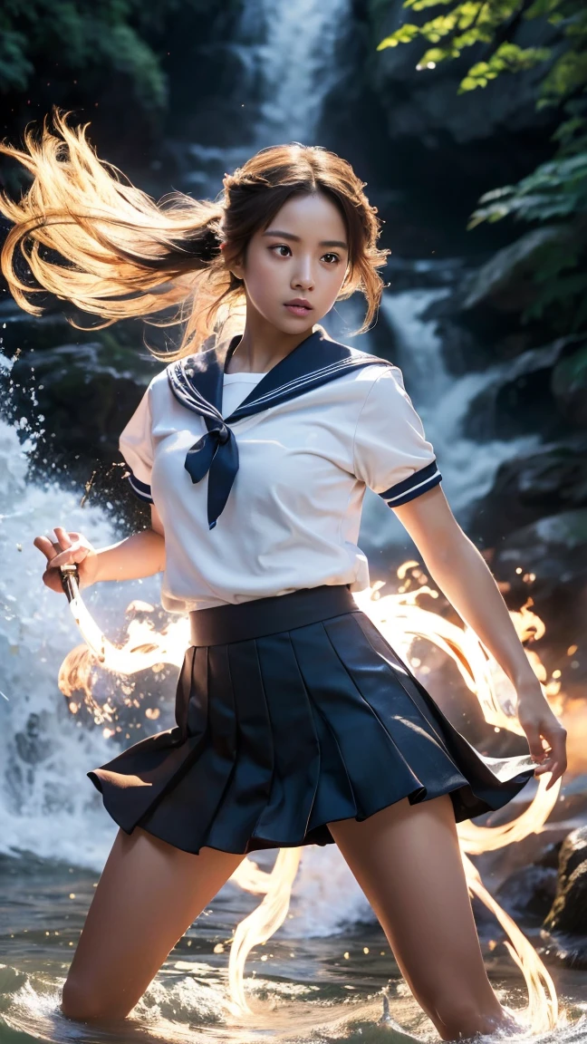 (Ultra HD, Highest quality, High resolution, Surreal, so beautiful), 24000dpi, (Holding the Japan sword, Bidirectional, Electric shock), Charge Move, Special Move Stance, All-in-one, dance, Beautiful woman, Long Tail, Well-formed eyes, greatest visual acuity, 1, Fascinating, Totally American, Perfect body, Physical Beauty, (Sailor suit, mini skirt),whole body
