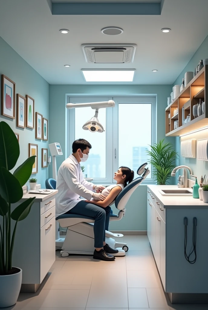 Create a highly realistic image of a pressure vessel after an explosion in a dental office . show the equipment without its unrecognizable side covers , The treatment room was hit with debris Include a patient in the chair with dentist with his uniform amazed 
 . The scene is a destroyed dental office 
