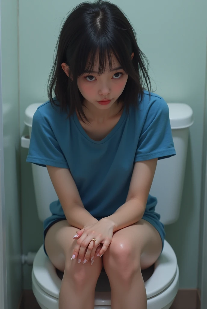 A girl sitting on commode,, wearing blue t shirt,  no underwear, hands place on her knees