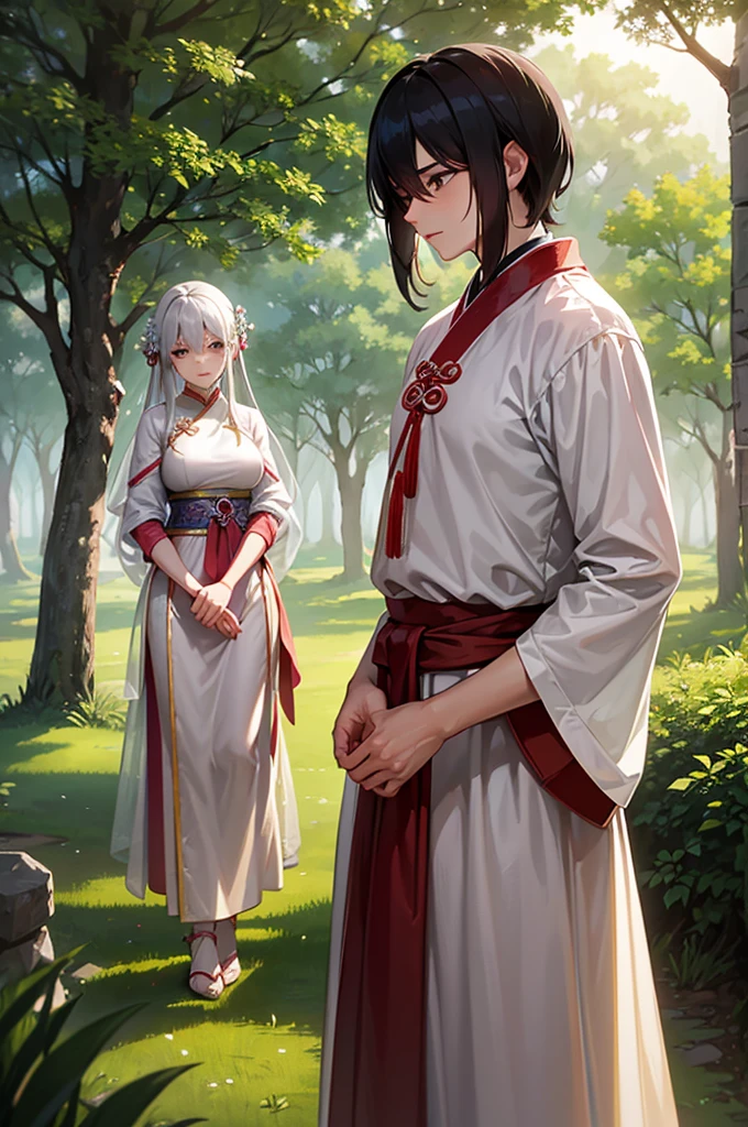 A young man and young woman walking togetger through a misty forest at dawn. The man wears simple, modest attire in earthy tones, while the beautiful young woman is dressed in an elegant white hanfu with delicate red accents, befitting a noble lady. They are engaged in conversation as they stroll side by side along a narrow forest path. Soft morning light filters through the trees, creating a dreamy atmosphere. The scene is set in a traditional wuxia-style world, with ancient Chinese aesthetics. Highly detailed, soft lighting, realistic proportions, and natural poses. Capture the serenity of the early morning and the subtle intimacy between the characters.