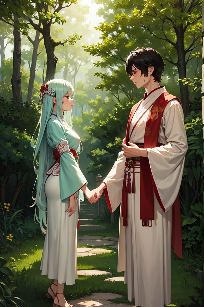 A young couple walking through a misty forest at dawn. The man wears simple, modest attire in earthy tones, while the beautiful young woman is dressed in an elegant white hanfu with delicate red accents, befitting a noble lady. They are engaged in conversation as they stroll side by side along a narrow forest path. Soft morning light filters through the trees, creating a dreamy atmosphere. The scene is set in a traditional wuxia-style world, with ancient Chinese aesthetics. Highly detailed, soft lighting, realistic proportions, and natural poses. Capture the serenity of the early morning and the subtle intimacy between the characters.
