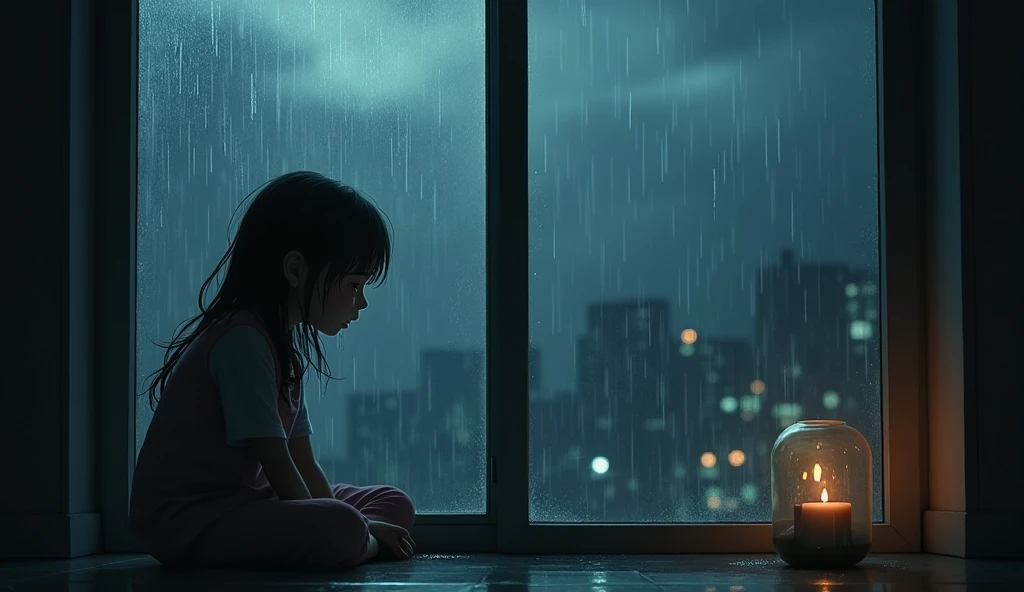 A girl is sitting near a glass window and crying. The girl is in a lot of trouble, so she is crying a lot. The girl is sitting so that her whole body is visible. The girl is more than 1. The image will be enemy related. It's raining outside so it can be seen and there are raindrops on the window glass. The sky is night outside. The whole background will only be in the glass window because the window is too big. The girl will be seen well because there will be lots of lights in the room and the light will be reflected from those lights and the girl will be seen clearly. The picture is cinematic.