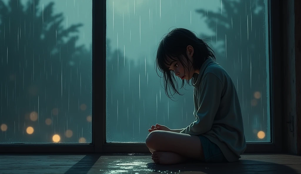 A girl is sitting near a glass window and crying. The girl is in a lot of trouble, so she is crying a lot. The girl is sitting so that her whole body is visible. The girl is more than 1. The image will be enemy related. It's raining outside so it can be seen and there are raindrops on the window glass. The sky is night outside. The whole background will only be in the glass window because the window is too big. The girl will be seen well because there will be lots of lights in the room and the light will be reflected from those lights and the girl will be seen clearly. The picture is cinematic.