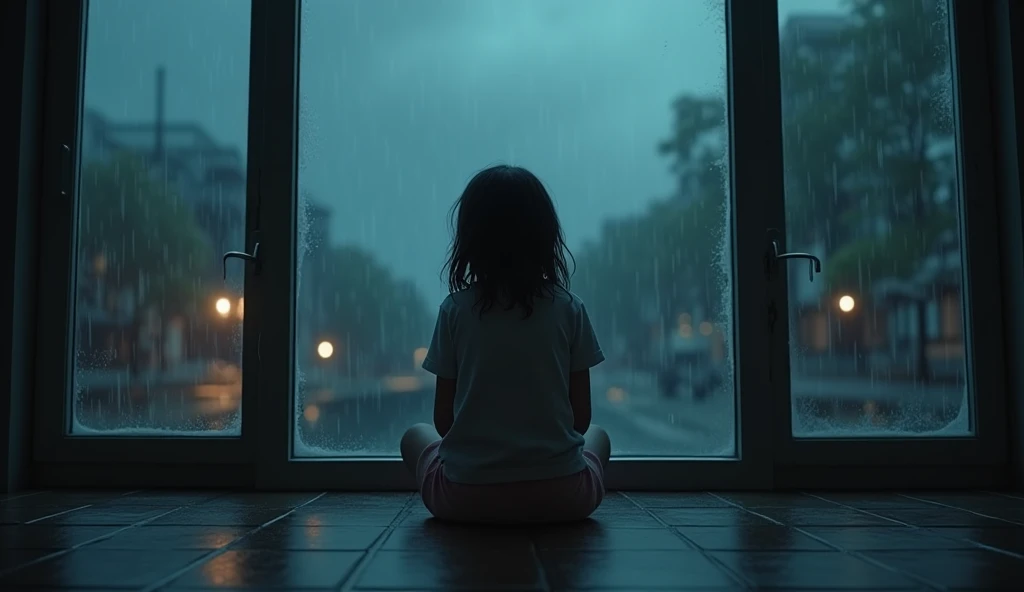 A girl is sitting near a glass window and crying. The girl is in a lot of trouble, so she is crying a lot. The girl is sitting so that her whole body is visible. The girl is more than 1. The image will be enemy related. It's raining outside so it can be seen and there are raindrops on the window glass. The sky is night outside. The whole background will only be in the glass window because the window is too big. The girl will be seen well because there will be lots of lights in the room and the light will be reflected from those lights and the girl will be seen clearly. The picture is cinematic.