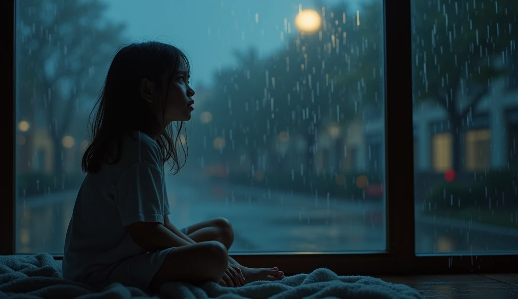 A girl is sitting near a glass window and crying. The girl is in a lot of trouble, so she is crying a lot. The girl is sitting so that her whole body is visible. The girl is more than 1. The image will be enemy related. It's raining outside so it can be seen and there are raindrops on the window glass. The sky is night outside. The whole background will only be in the glass window because the window is too big. The girl will be seen well because there will be lots of lights in the room and the light will be reflected from those lights and the girl will be seen clearly. The picture is cinematic.