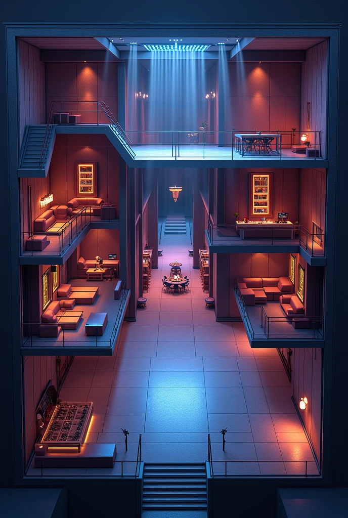 “Plan détaillé d’une boîte de nuit moderne, vue de dessus, 13 mètres sur 23 mètres, incluant 5 loges avec des salons VIP, Canapés spacieuses, un bar au fond design avec comptoir en bois et métal, un système d’éclairage sophistiqué avec des jeux de lumiere projetant des faisceaux lumineux sur la piste de danse, des spots LED RGB encastrés pour éclairer l’ensemble de l’espace, des zones de sièges confortables, une scène pour les performances, et tous les autres éléments architecturaux et d’aménagement intérieur. dimensionnement ,haute résolution.” Mezzanine avec balcon surplombant la piste de danse Vide central au milieu de la salle, créant un effet scénique et de hauteur 4 loges VIP avec canapés confortables Bar moderne et épuré au fond de la salle Système d’éclairage sophistiqué avec : Faisceaux lumineux (beam) RGB Projecteurs RGBW pour un éclairage dynamique et multicolore Ambiance générale épurée, minimaliste et moderne, mettant l’accent sur l’architecture et la lumière Le plan devra mettre en valeur l’espace ouvert au centre, la mezzanine surplombante, les loges VIP et le bar design. L’utilisation de la lumière, avec les effets beam et les projecteurs RGBW, sera un élément clé pour créer une atmosphère festive et immersive.