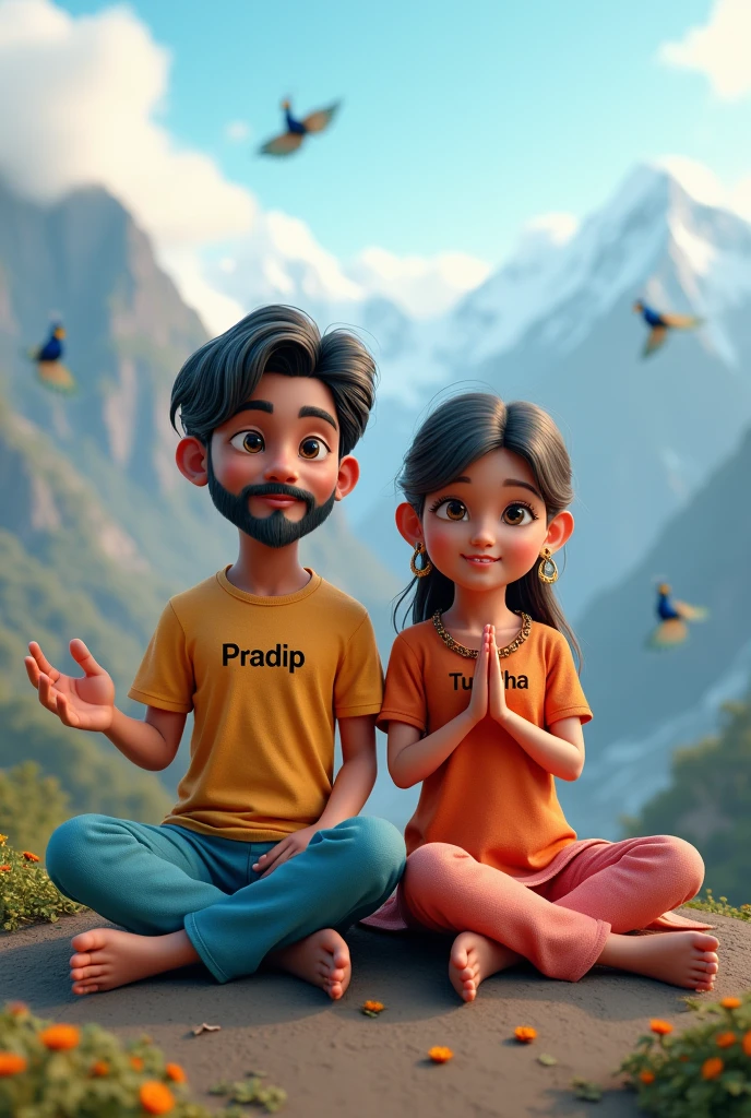 Create a 3D image of 2 nepali Beard boy and 20 years old nepali devotional girl , Who is sitting next to Krishna ji and Kristen ji playing the flute, they both sit together on the mountain boy wearing T-shirt name Pradip written on it and girl wearing T-shirt name Tunisha written on it, haven like beautiful view background, 4 peacock dancing, realistic image and boy and girl is in barefoot 