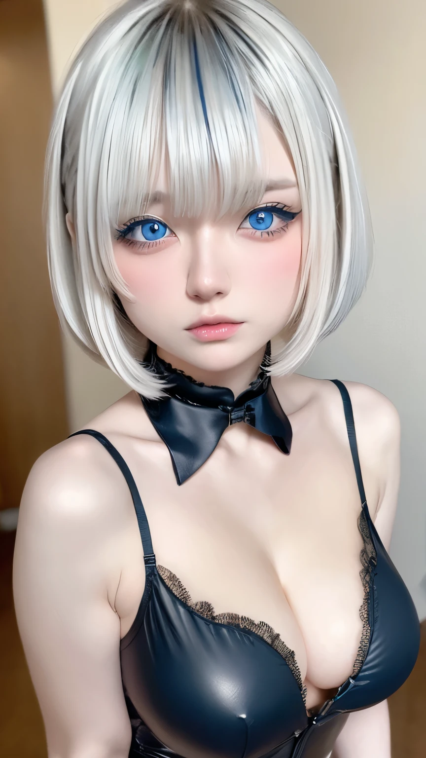 Tabletop, Highest quality, ((Full nudity))、((Large Breasts:1.4))、Very delicate, sexy and beautiful,Very delicate and beautiful, short hair、Straight Hair, Very detailedな, Very detailed, Highest quality, High resolution, Very detailed,銀色のshort hair，Silver Hair, Beautiful shiny bangs,1 person,  Gothic Makeup、eyeliner, Highest quality, Curvaceous figure, Emphasized , Looking at the audience, Realist ,Genuine,Sky blue eyes，