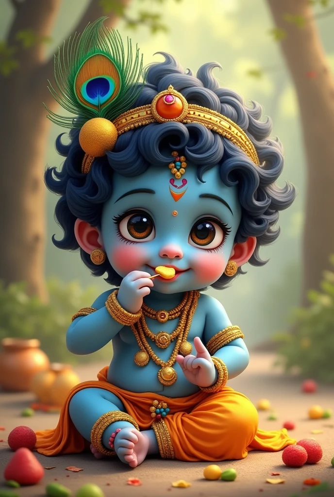 Cute  golu molu laddu gopal eat makhan blue body 
Krishna childhood with peacock  feather in head band 