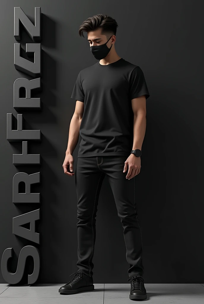 realistic 18year old cute stylish attitude boy standing with big real 3D “SARFARAZ” protait name letter side and face down. boy wearing black full t-shirt and black jeans, black shoes, watch stylish hair, The background black wall should ensure that the name is not misspelled. With face waer mask. Name front of model picture 