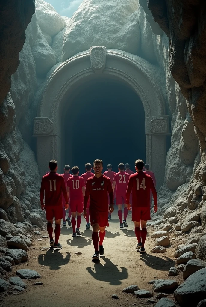 generate image of current liverpool players entering a cave