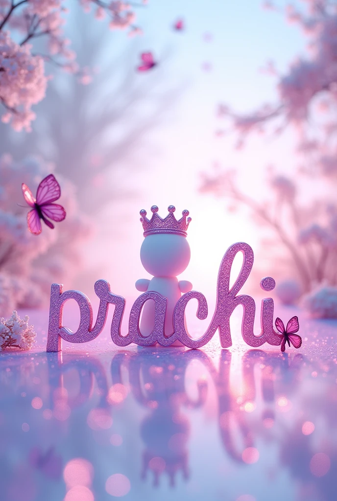 "Prachi" written with purple glass with pink glass butterfly and crown on the top of name with free fire moco character in white background with lighting