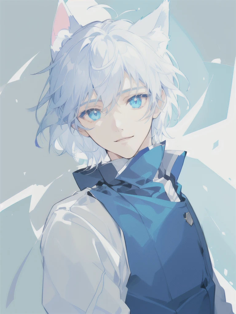 there is a drawing of a boy with blue eyes smile and a cat ears, cel shaded!!!, [ digital art ]!!, unknown artstyle, in an anime style, expressive pose, white background : 3, [ floating ]!!, some background blur, shading!!!, anime pose, speedpaint, sketchy artstyle, anime shading), cel - shaded art style