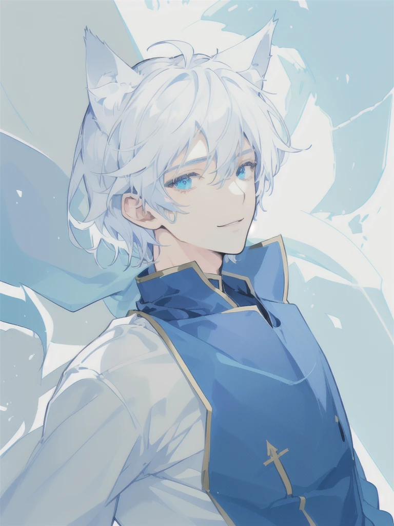 there is a drawing of a boy with blue eyes smile and a cat ears, cel shaded!!!, [ digital art ]!!, unknown artstyle, in an anime style, expressive pose, white background : 3, [ floating ]!!, some background blur, shading!!!, anime pose, speedpaint, sketchy artstyle, anime shading), cel - shaded art style