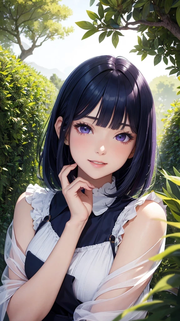 masterpiece、Highest quality、High resolution、High-quality images、8k, 1 female、Skin Radiance、Texture of skin and clothing、Expression of fine eyes、realism, detailed manga style, Manga art style, Perfect line drawing, Beautiful line art, digital manga art girl, Fuller lips, Gorgeous face with attention to detail, (smile), charm, Innocent, Side view, (Perfectly detailed face), (Beautiful Hands) Photorealistic images, Written boundary depth、Navy Blue Hair、Purple eyes、High resolution、vision、Shortcuts、amount、Trim your bangs、Bob、Slanted Eyes、、alone、whole body、garden、Light、Short bangs