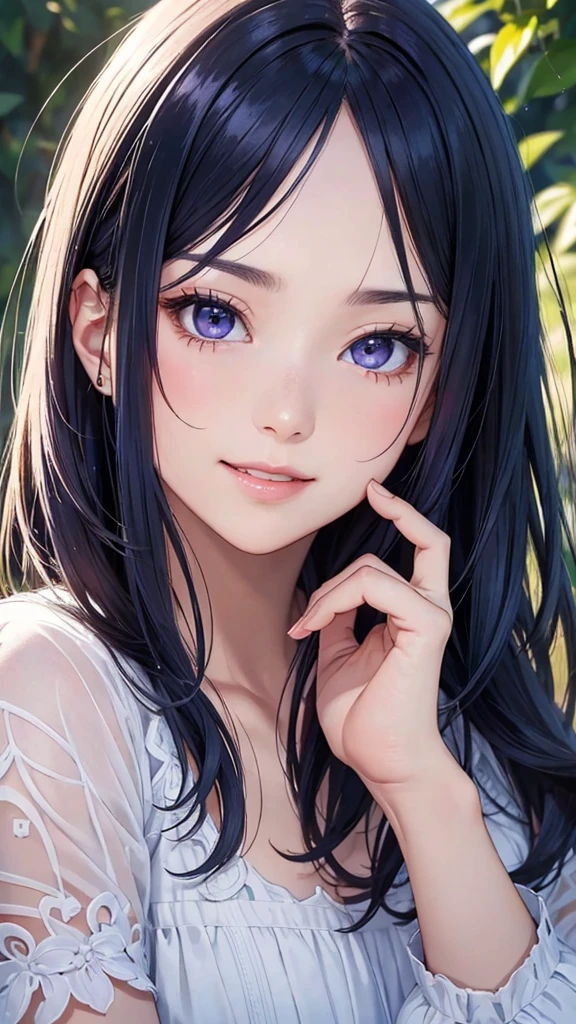 masterpiece、Highest quality、High resolution、High-quality images、8k, 1 female、Skin Radiance、Texture of skin and clothing、Expression of fine eyes、realism, detailed manga style, Manga art style, Perfect line drawing, Beautiful line art, digital manga art girl, Fuller lips, Gorgeous face with attention to detail, (smile), charm, Innocent, Side view, (Perfectly detailed face), (Beautiful Hands) Photorealistic images, Written boundary depth、Navy Blue Hair、Purple eyes、High resolution、vision、Shortcuts、amount、Trim your bangs、Bob、Slanted Eyes、、alone、whole body、garden、Light、Short bangs