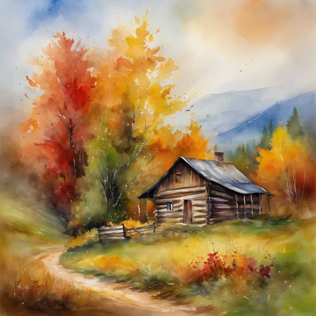 Watercolor painting of a landscape of the beautiful Meadow of a mountain and in the background a and rustic cabin, masterpiece, Best Quality, high quality, extremely detailed CG unit 8k wallpaper, without people, nature, autumn, HdR, bloom, chromatic aberration, photorealistic, extremely detailed,