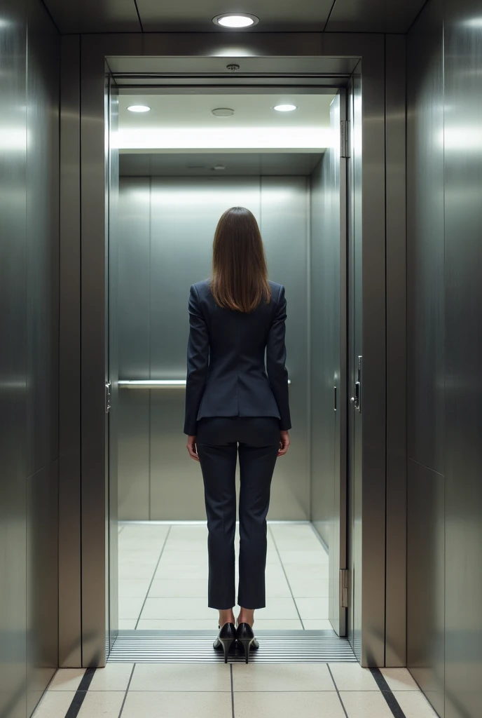 A woman stands at the elevator and waits for the elevator