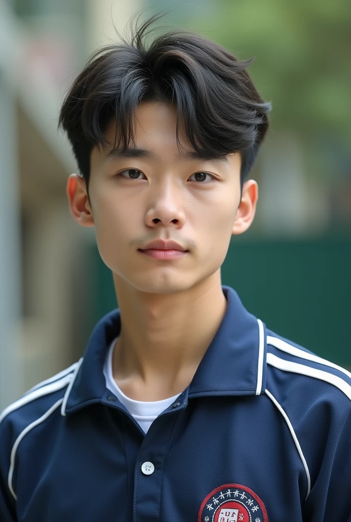 An ordinary Chinese male high school student，short hair，Wear a sports school uniform，20 years old，student，photo，Reality，Photos of life